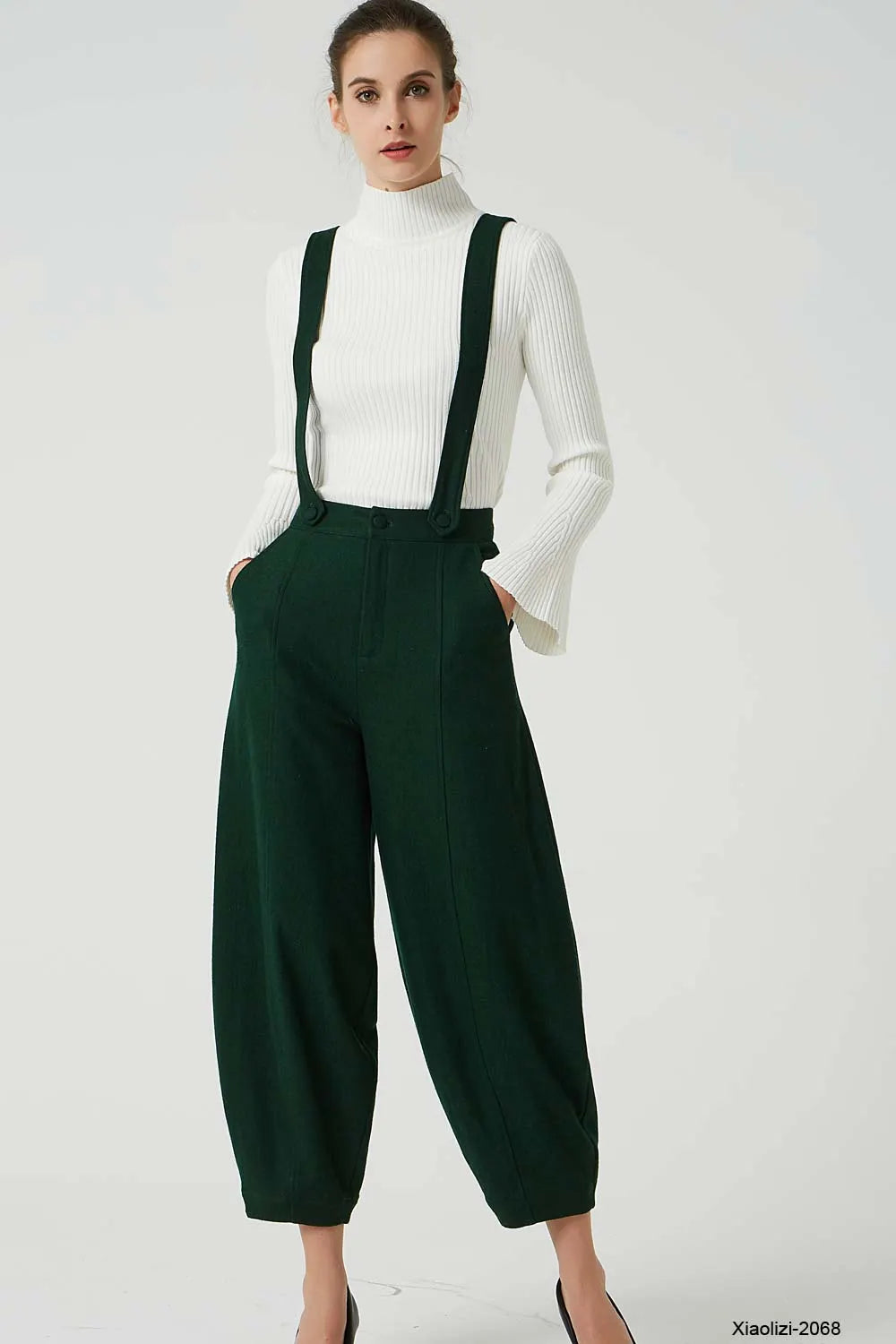 Army Green Wool Suspender Pants - Loose Fit with Pockets 2068