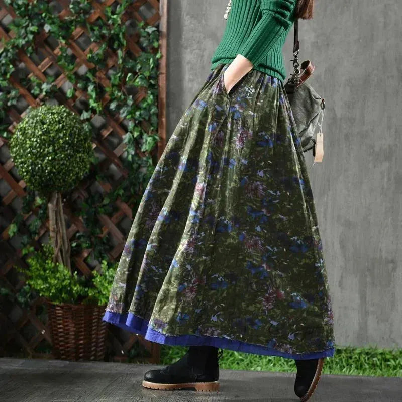 A-Line Pleated Autumn Floral Long Skirt with Pockets