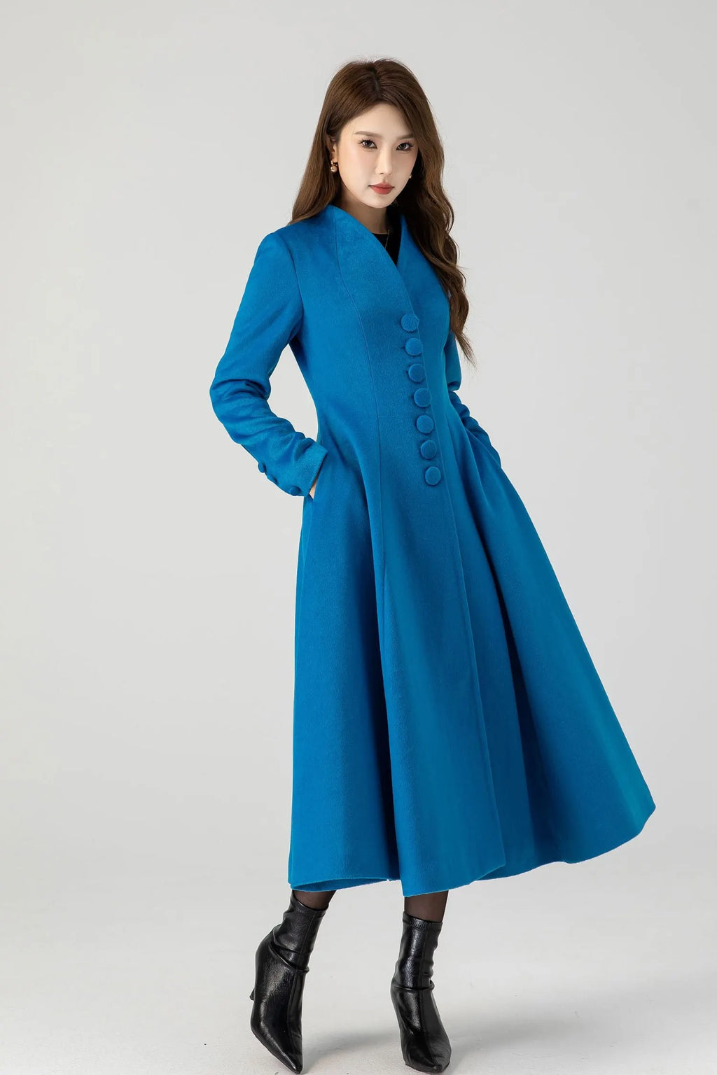 Blue Wool Swing Midi Coat - Double-Breasted Elegant Fit 4602
