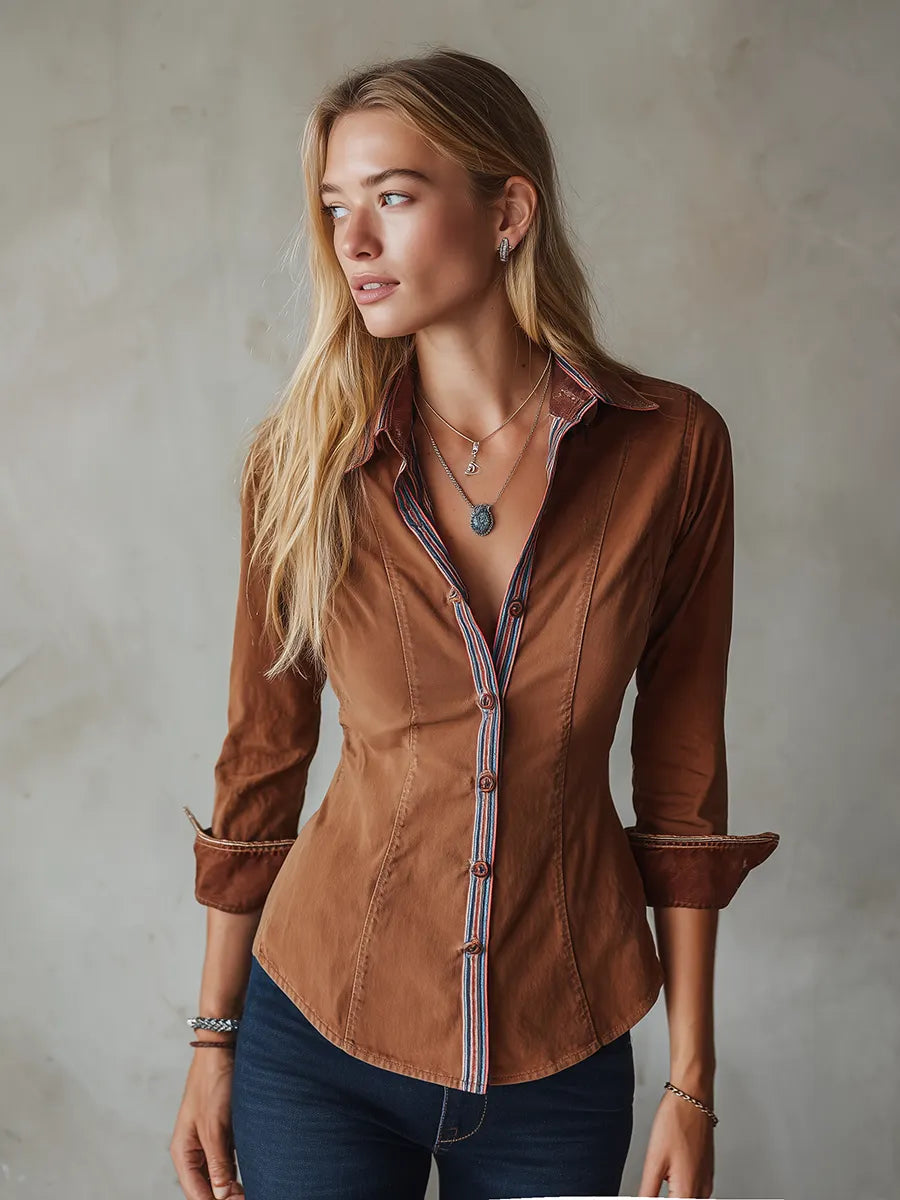 Women's Striped Placket Contrast Cuffs Slim Fit Rust Button Down Shirt
