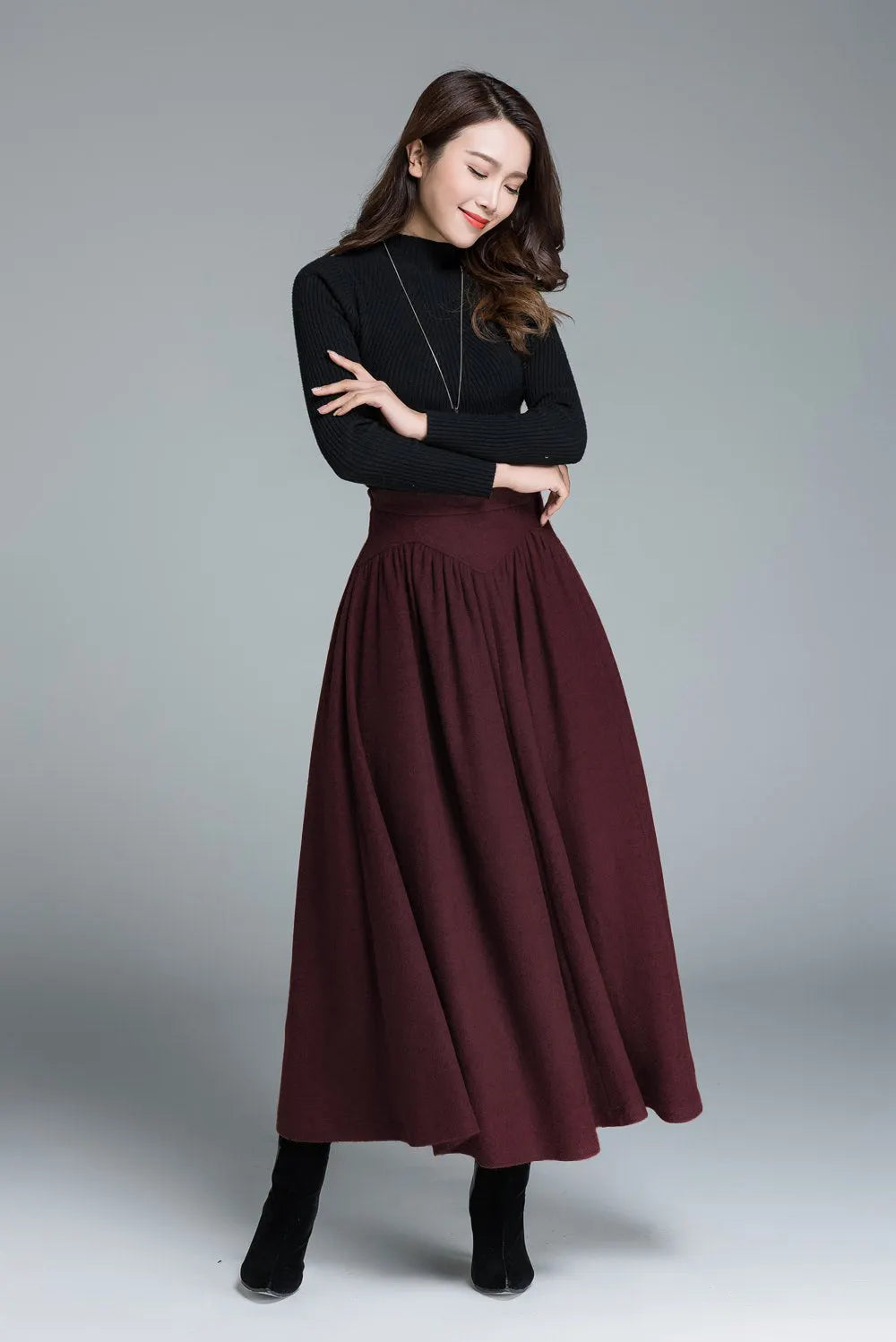 Burgundy Wool Maxi Skirt – Vintage High Waist Flared Winter Skirt 6319