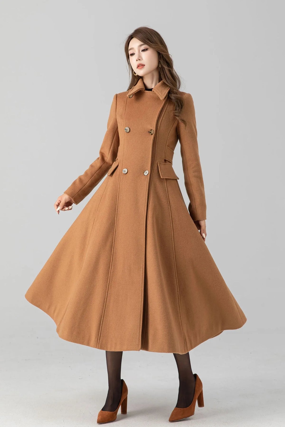Camel Wool Swing Coat – Vintage Double Breasted Long Winter Overcoat 4668