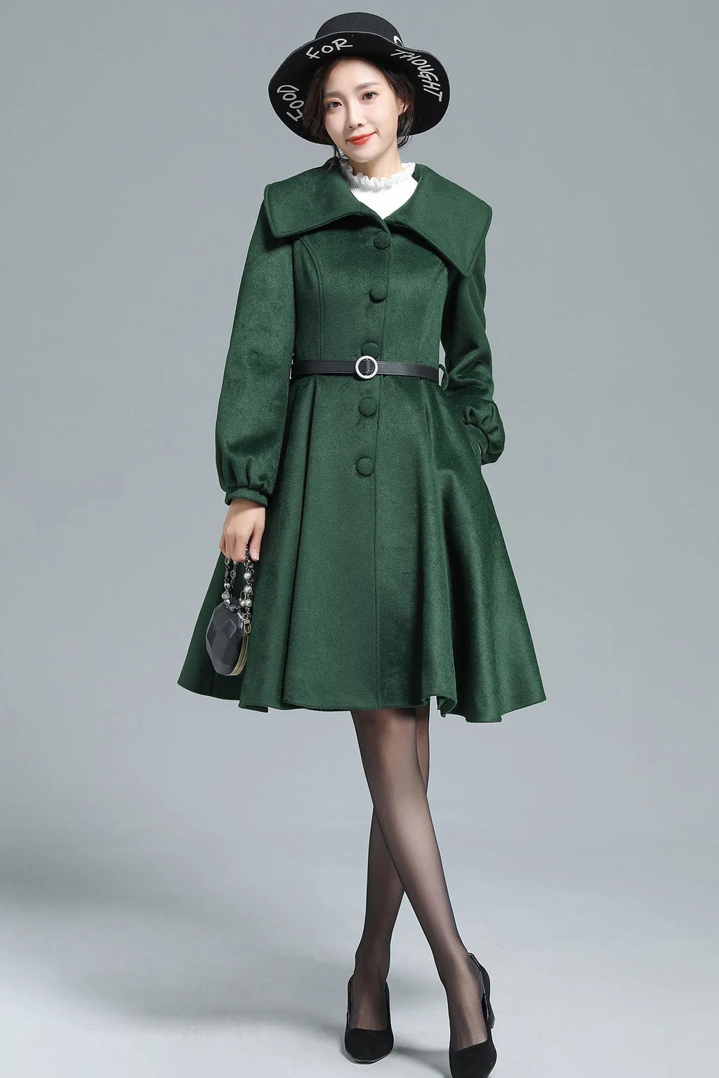 Army Green Wool Coat - Belted Swing Silhouette 3131