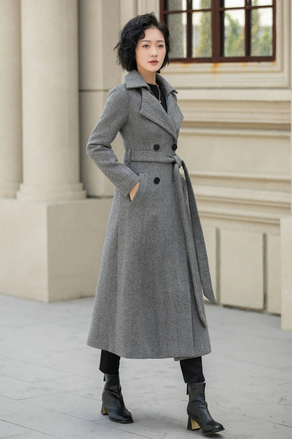Gray Wool Long Trench Coat - Double Breasted Tie Waist 6288