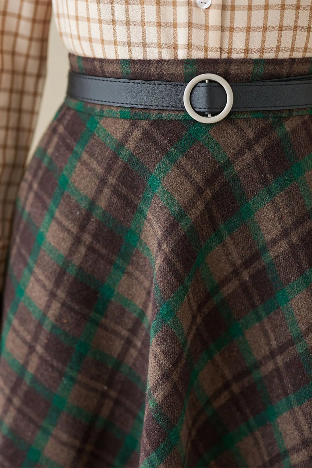 Brown Wool Midi Skirt - High-Waisted A-Line Plaid 4623