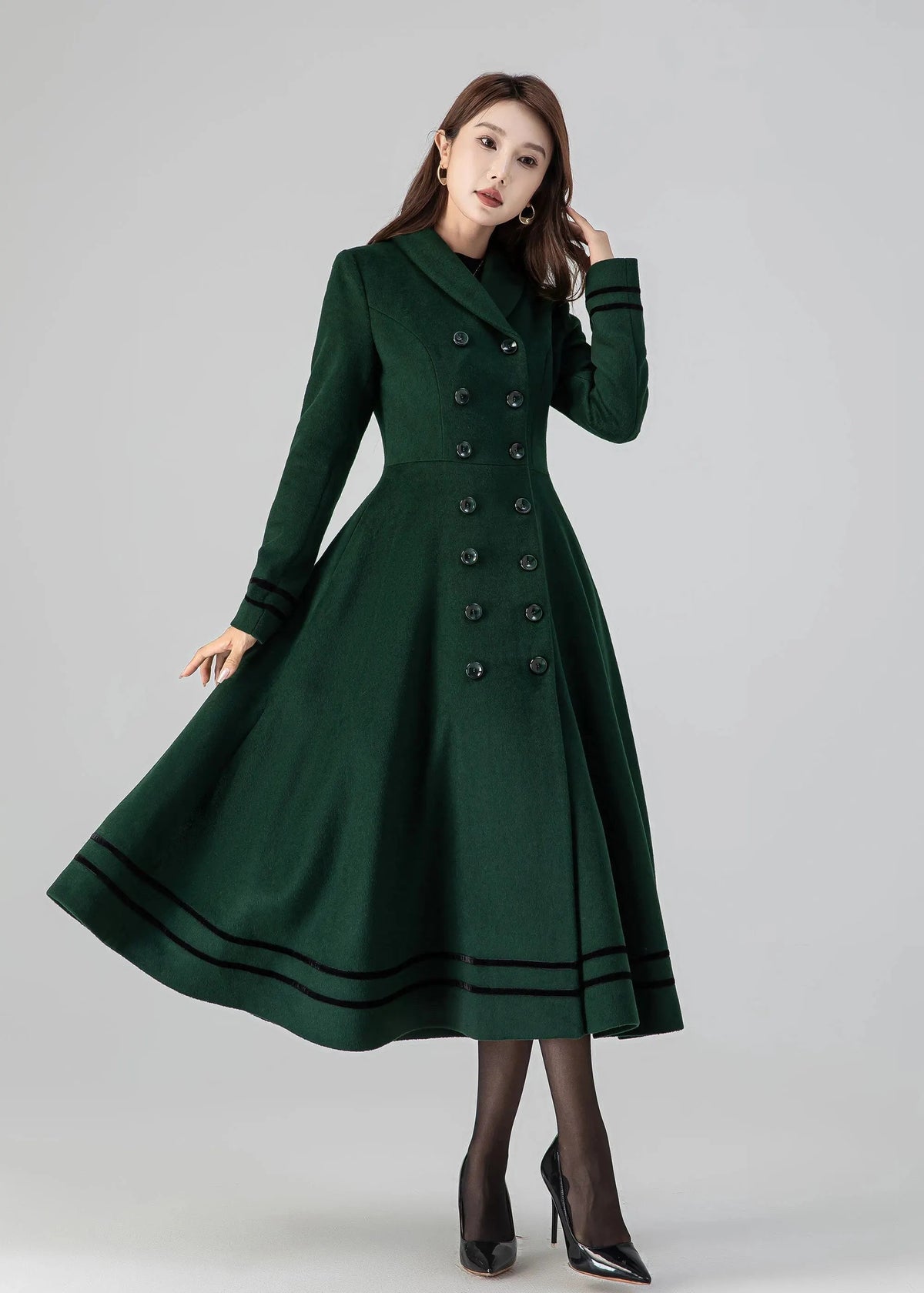 Forest Green Wool Coat - Double Breasted A-Line Fit and Flare 4514