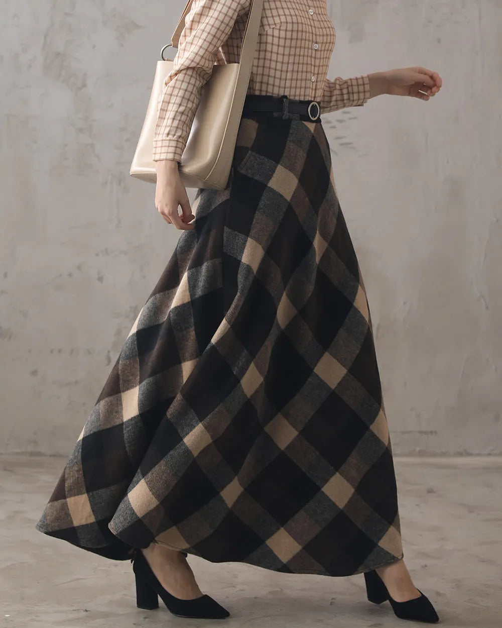 Plaid Wool Maxi Skirt – High Waist Vintage Winter Skirt Handmade 3108