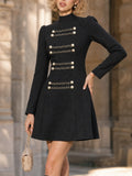 Vintage Military‑Style High Neck Gold Button Long Sleeve A‑Line Mini Dress