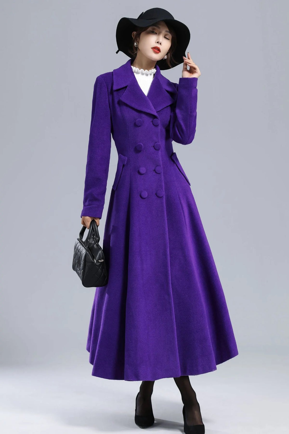 Purple Wool Coat - Vintage Double-Breasted Fit-and-Flare Overcoat 3237