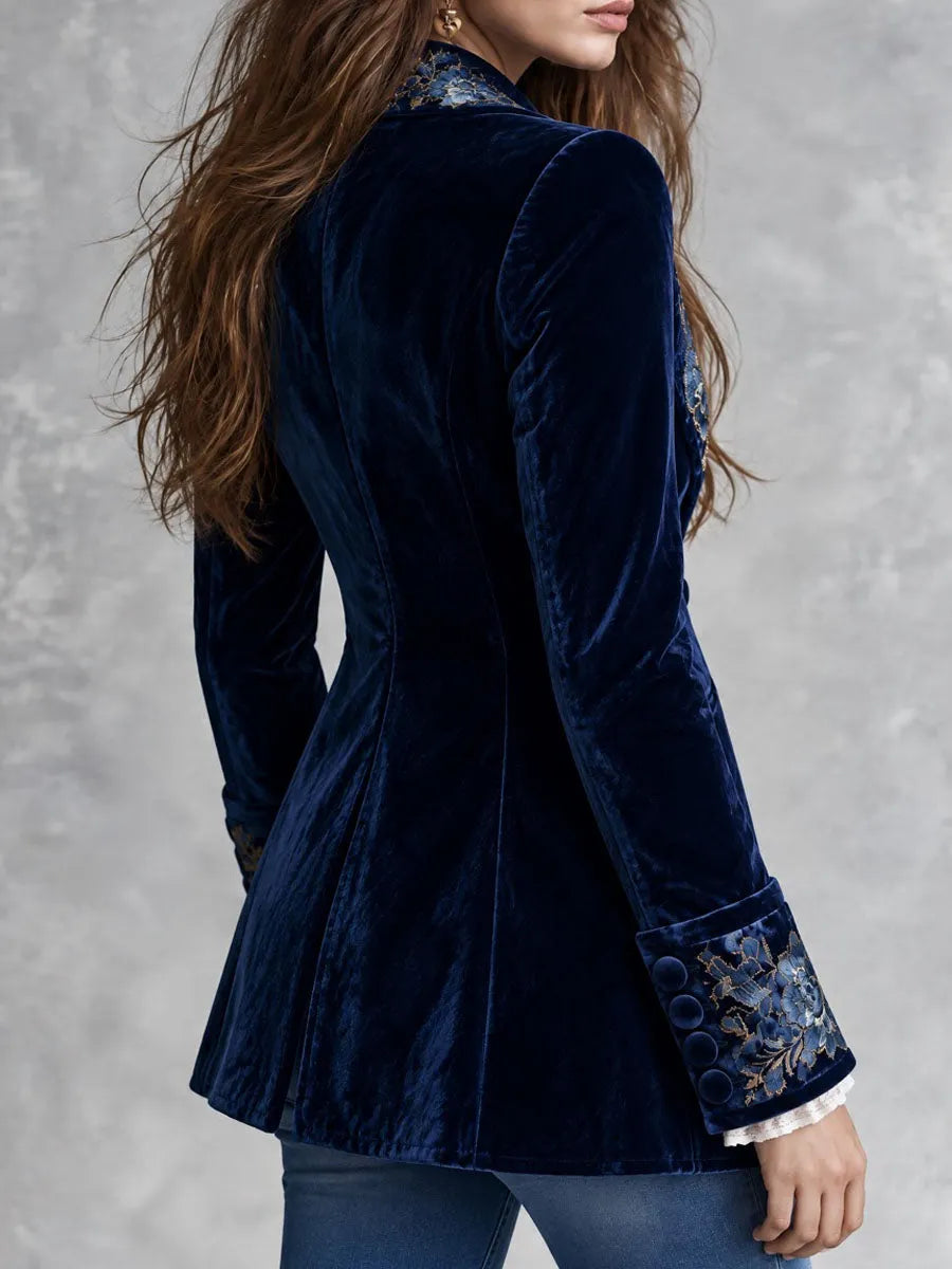 Retro Navy Velvet Blue Gold Floral Embroidery Blazer