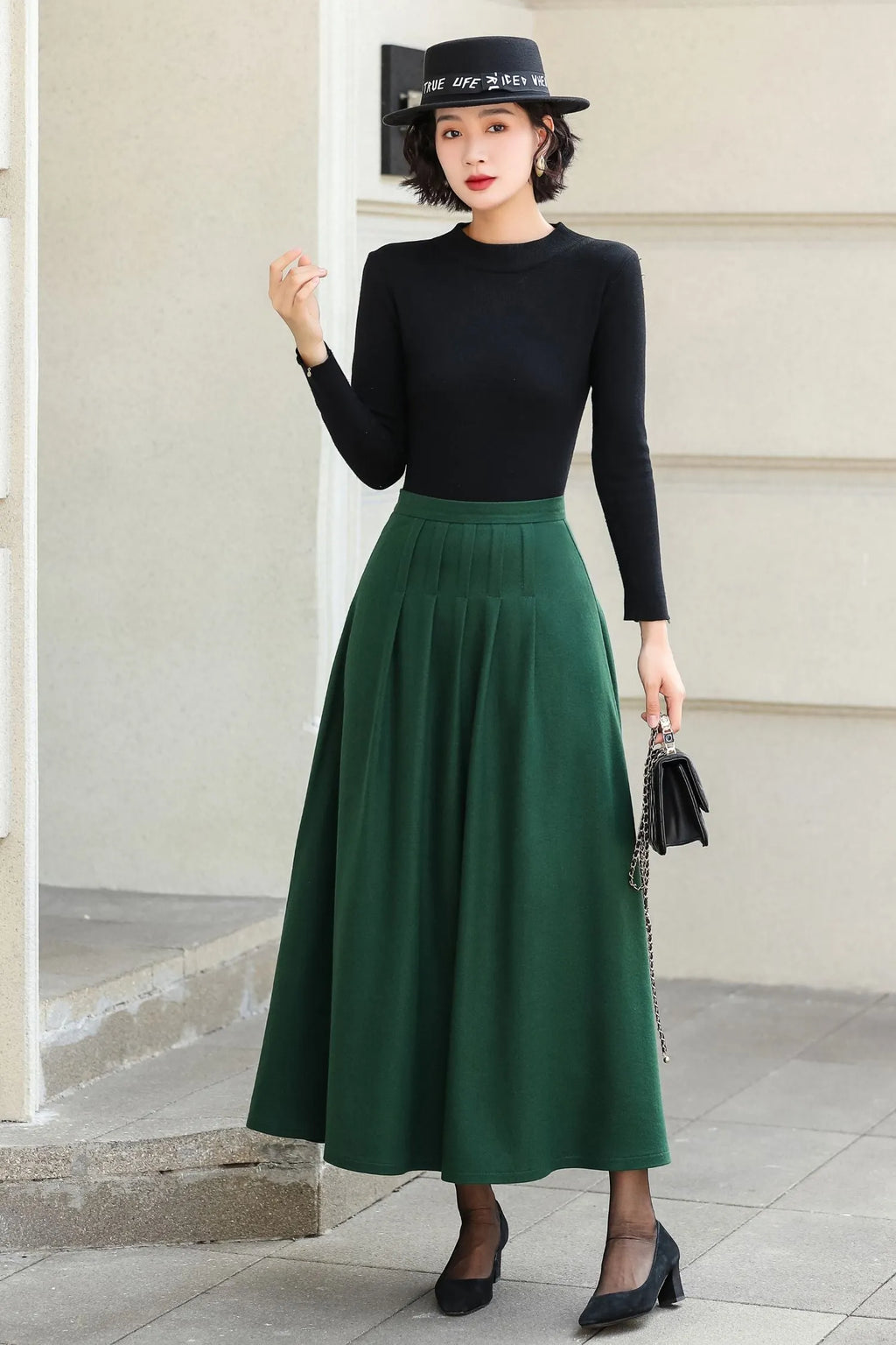 Green Wool Blend A-Line Ankle Length Skirt - High Waist Flowy 6973