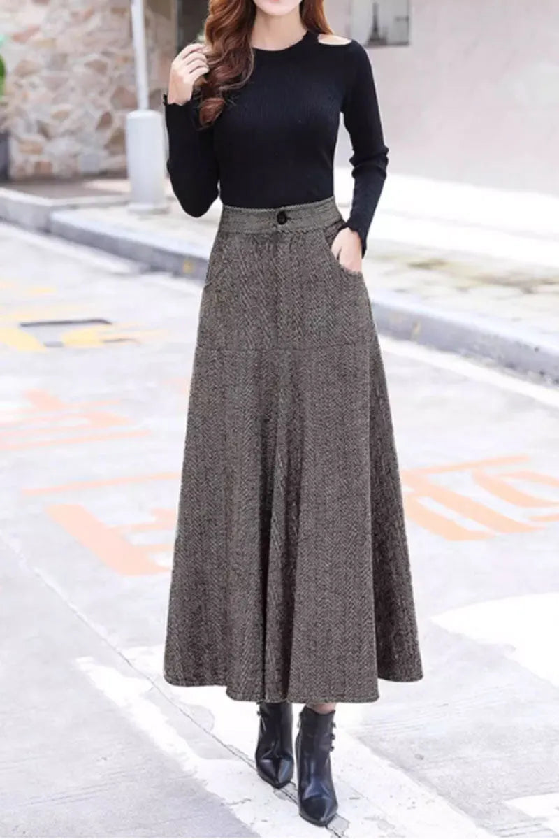Plaid Wool Midi Skirt - A-Line with Pockets and Back Elastic Waist 4648