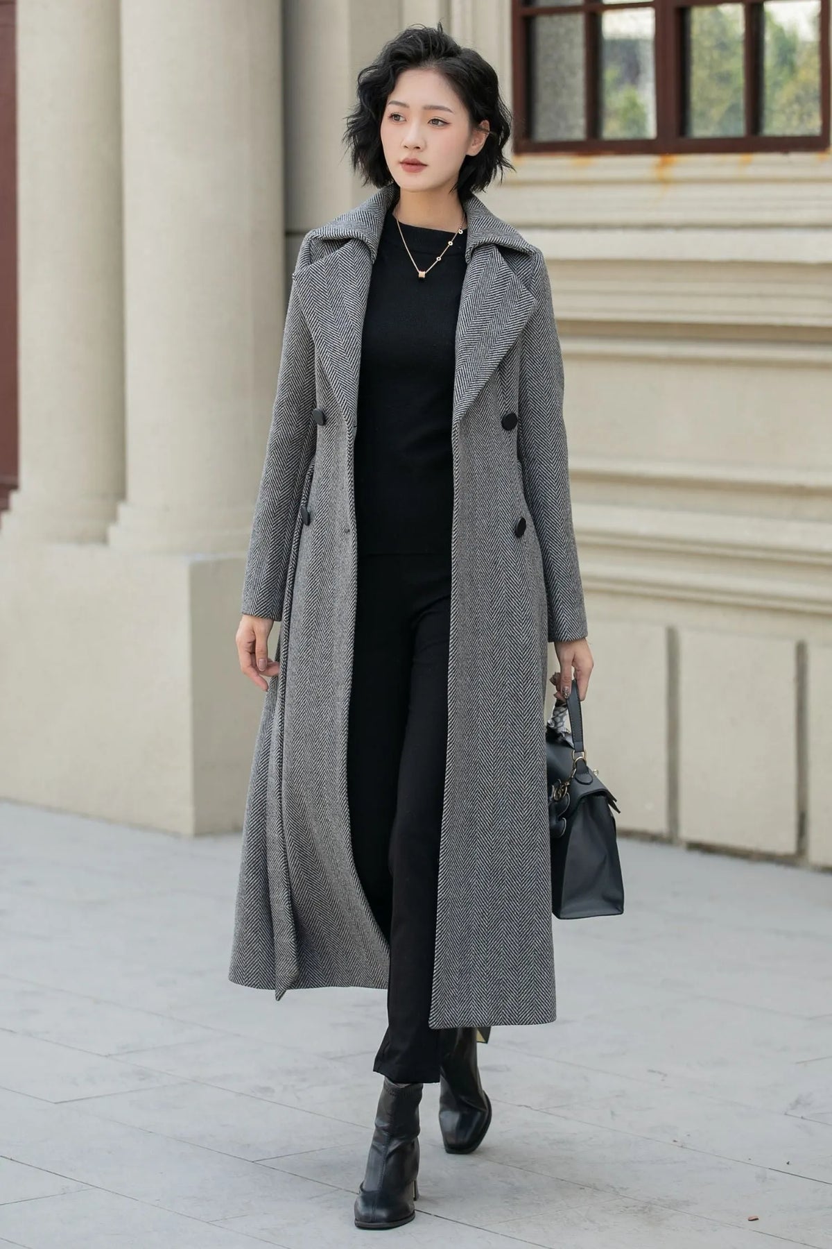Gray Wool Long Trench Coat - Double Breasted Tie Belt 5455