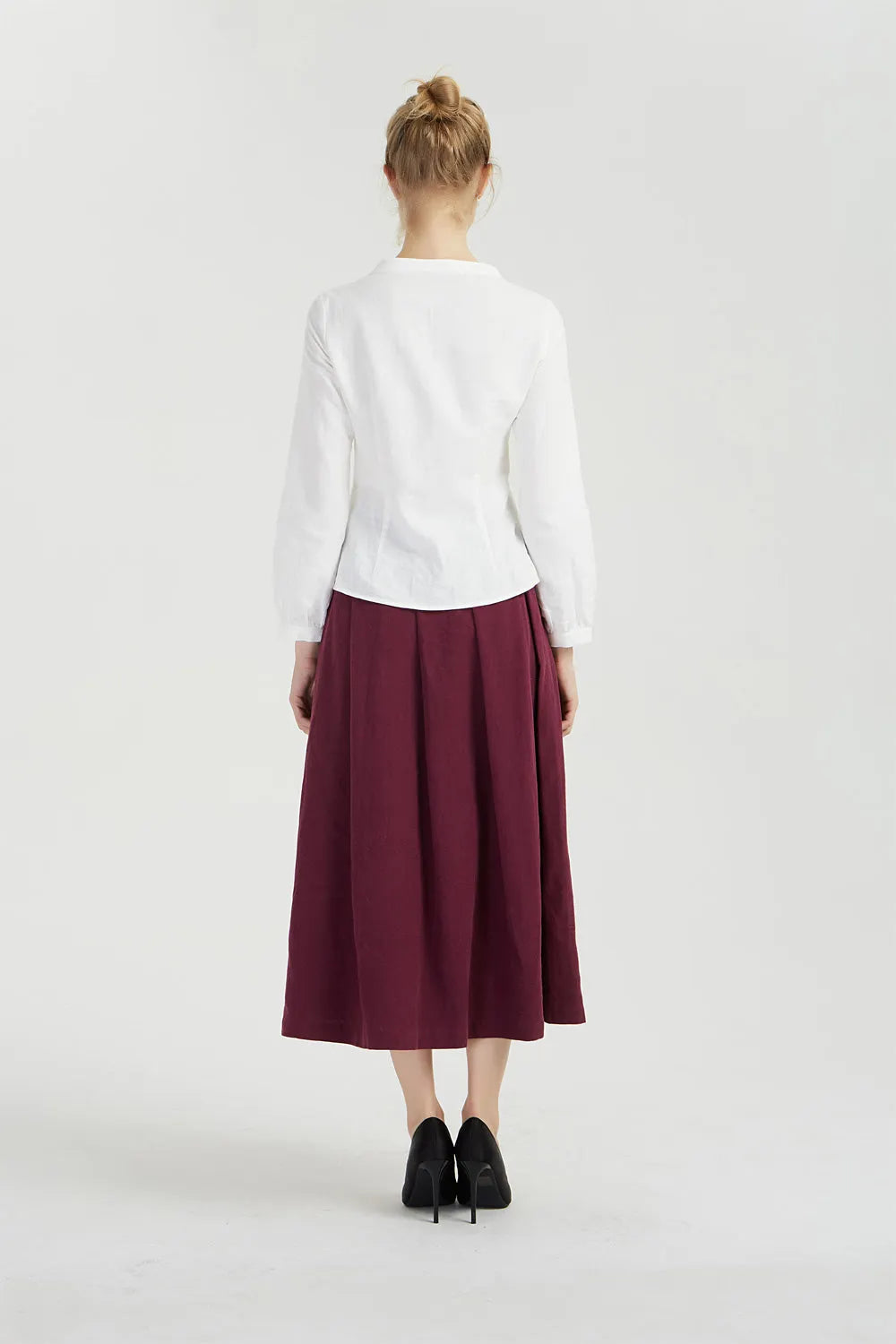 Burgundy Linen Midi Skirt - Pleated Paperbag Waist 2038