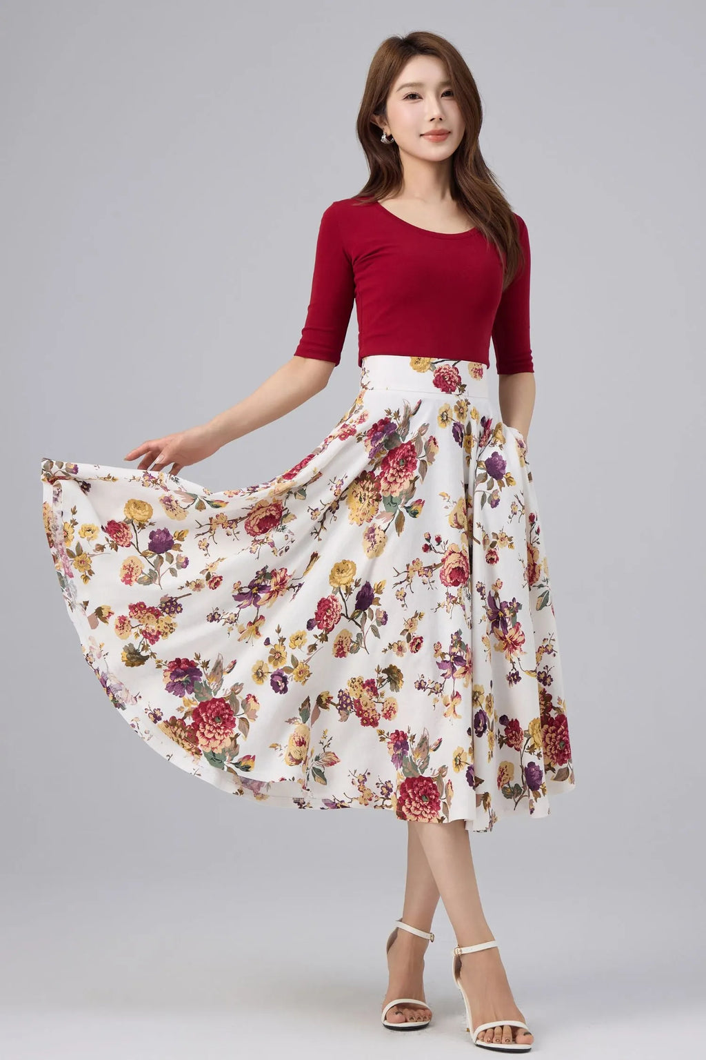 White Floral Cotton Linen Midi Skirt - High Waist, A-line Swing 