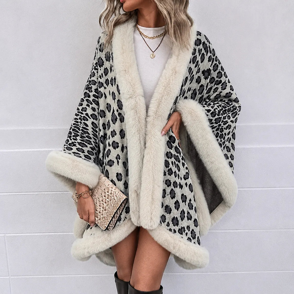 Leopard Faux Fur Trim Poncho