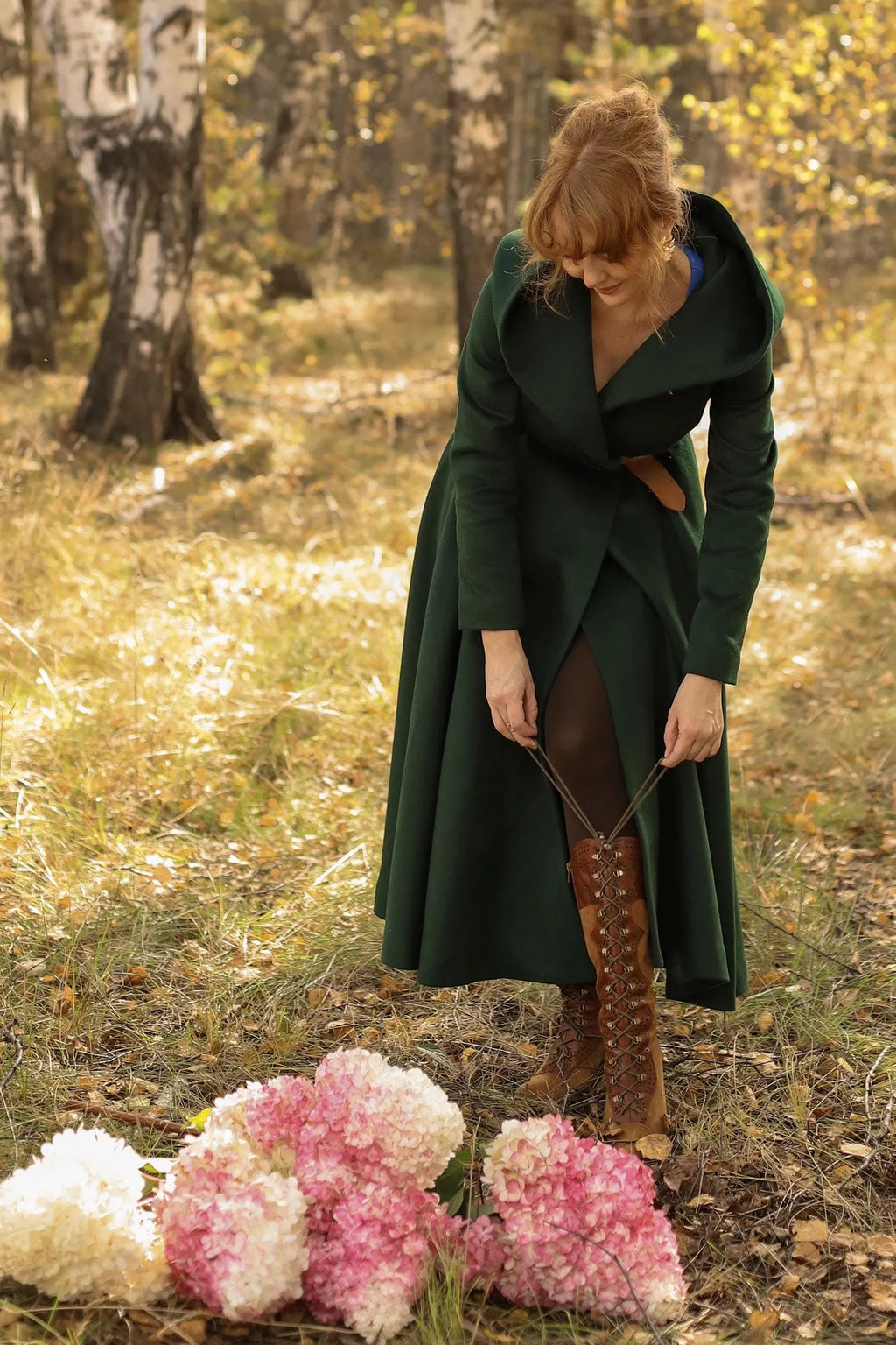 Green Wool Blend Hooded Coat - Belted Oversize Flare 