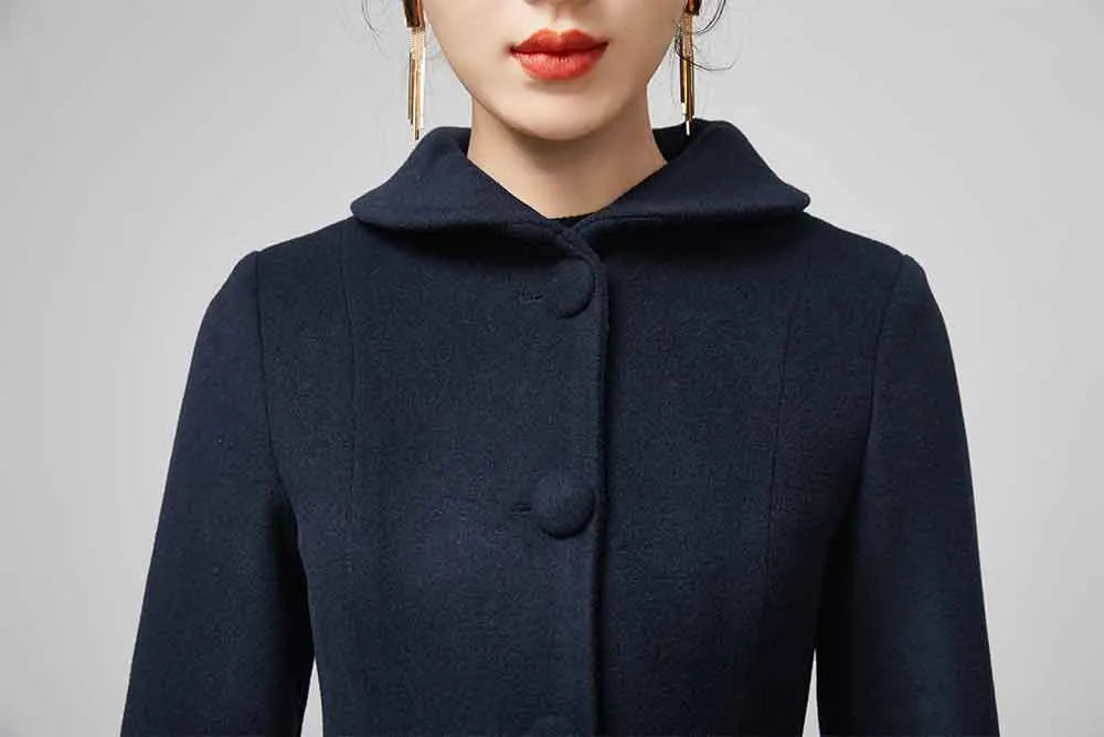 Xiaolizi Navy Fit and Flare Wool Coat for Women – Handmade Belted Vintage Winter Coat 2203