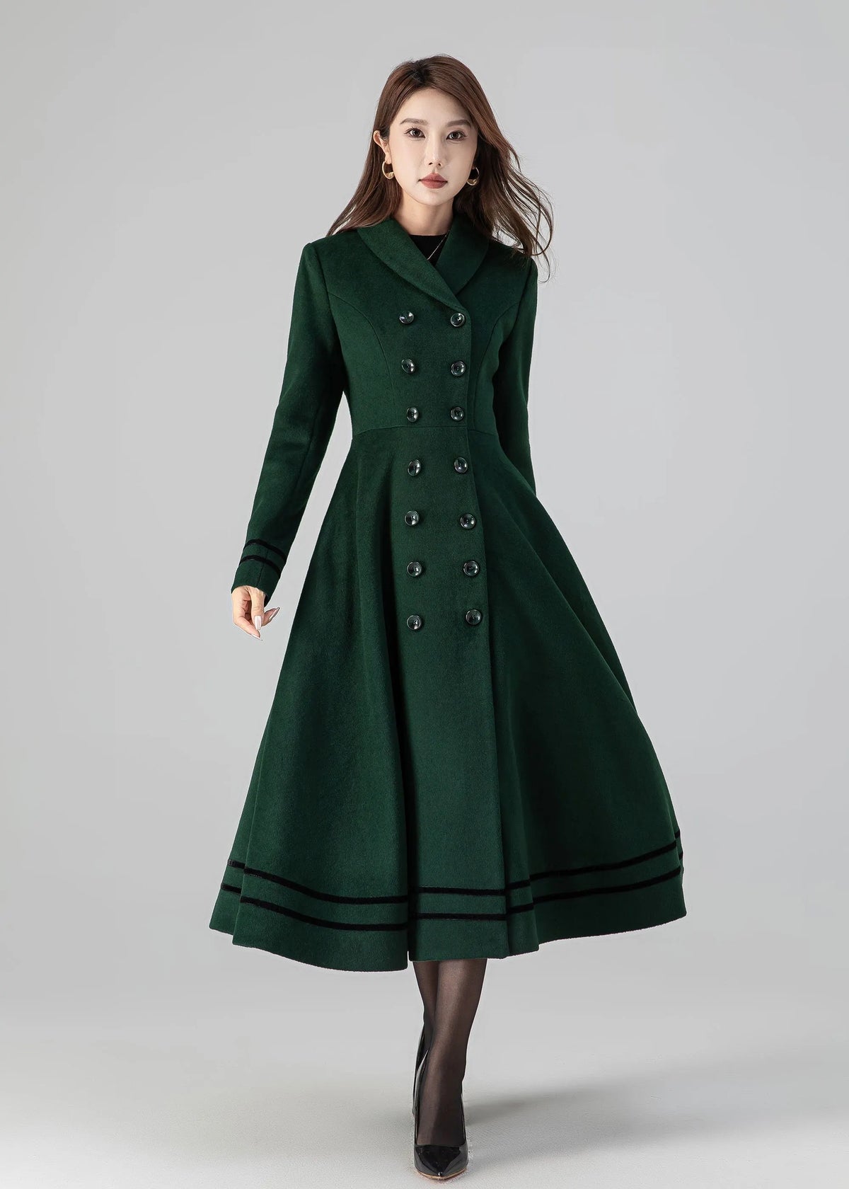 Forest Green Wool Coat - Double Breasted A-Line Fit and Flare 4514