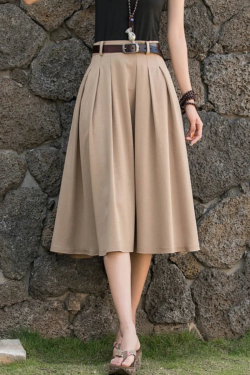 Navy Linen-Cotton A-Line Midi Skirt - Pleated High Waist with Pockets 2776