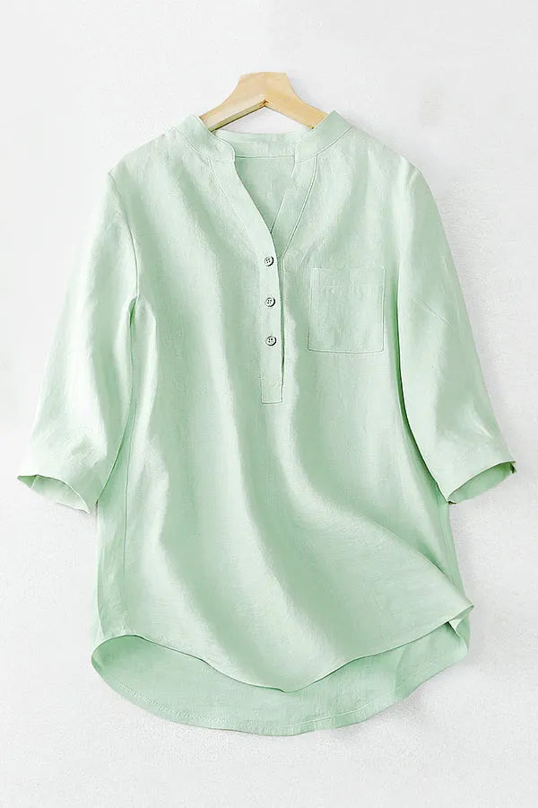 Light Green Linen V-Neck Top - Loose Fit with Pocket 3661