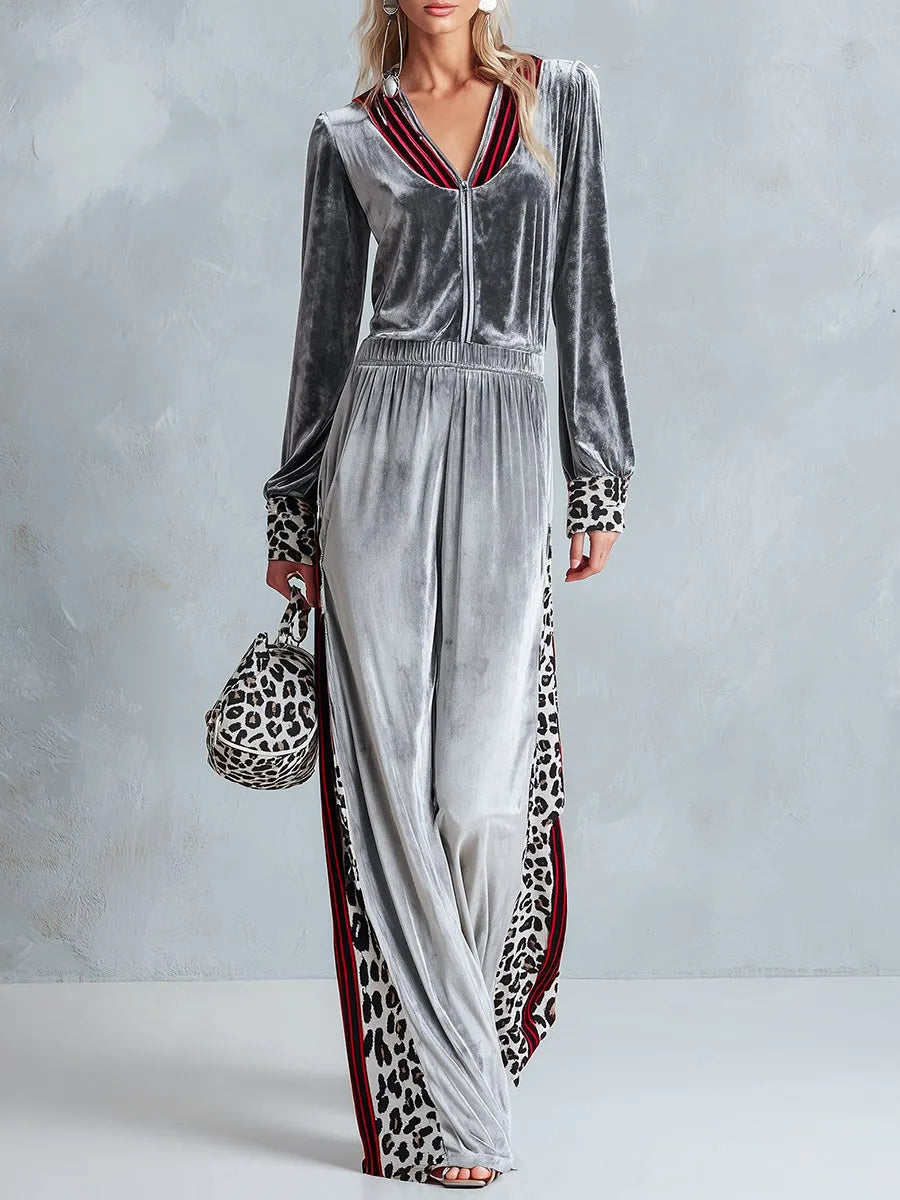Chic Casual Striped & Leopard-Trimmed Grey Velour Jumpsuit