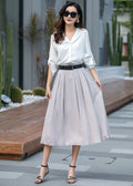 Light Grey Cotton Linen Midi Skirt - Pleated A-Line High Waist 3544