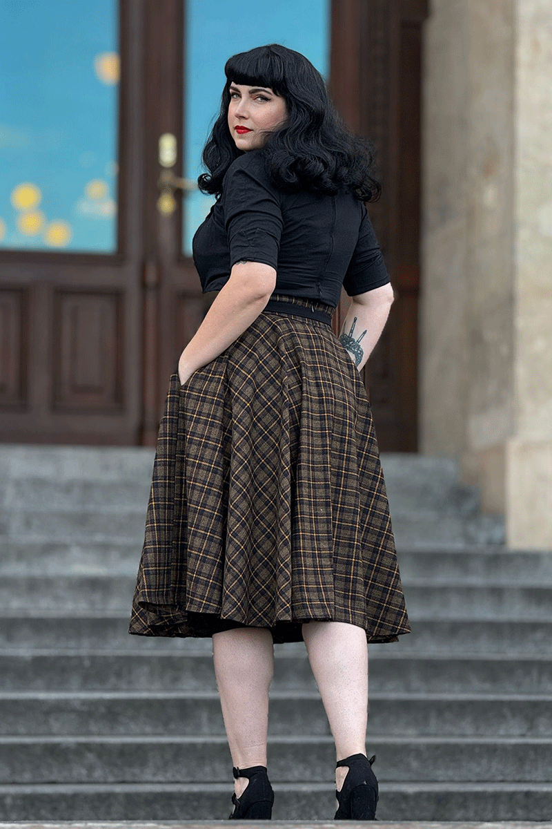 Plaid Wool Midi Skirt - Pleated Circle, High Waist 4727