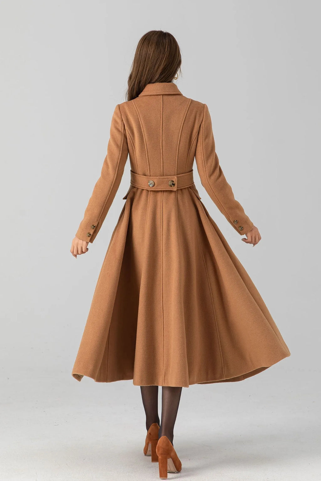 Camel Wool Swing Coat – Vintage Double Breasted Long Winter Overcoat 4668