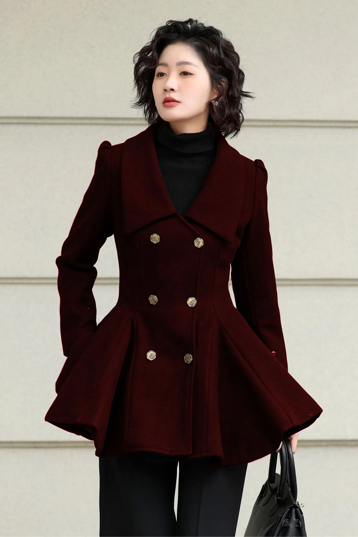 Xiaolizi Burgundy Wool Coat for Women – Handmade Double-Breasted Peplum Winter Coat 6616