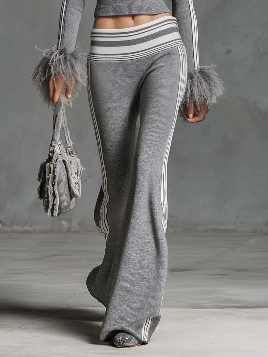 Retro Fashion Sporty Gray Knitted Feather Cuffs High-neck Top And Slim-fit Flared Pants Suit