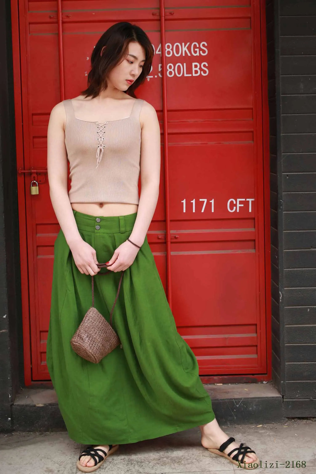 Handmade Linen Bubble Skirt Green – High-Waist Pleats Midi – 0984