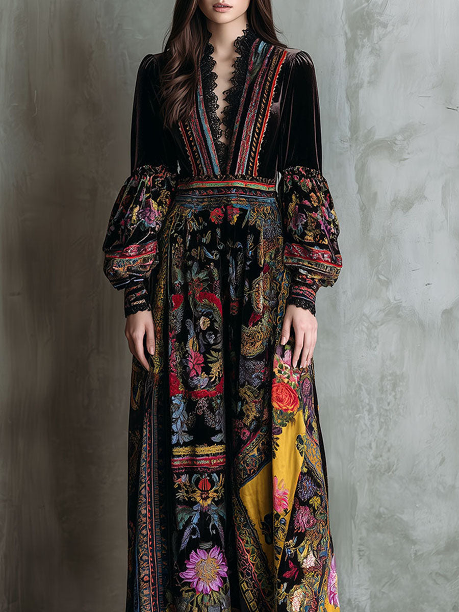 Boho Floral Print Velvet Long Sleeve Gown Maxi Dress With Lace Trim