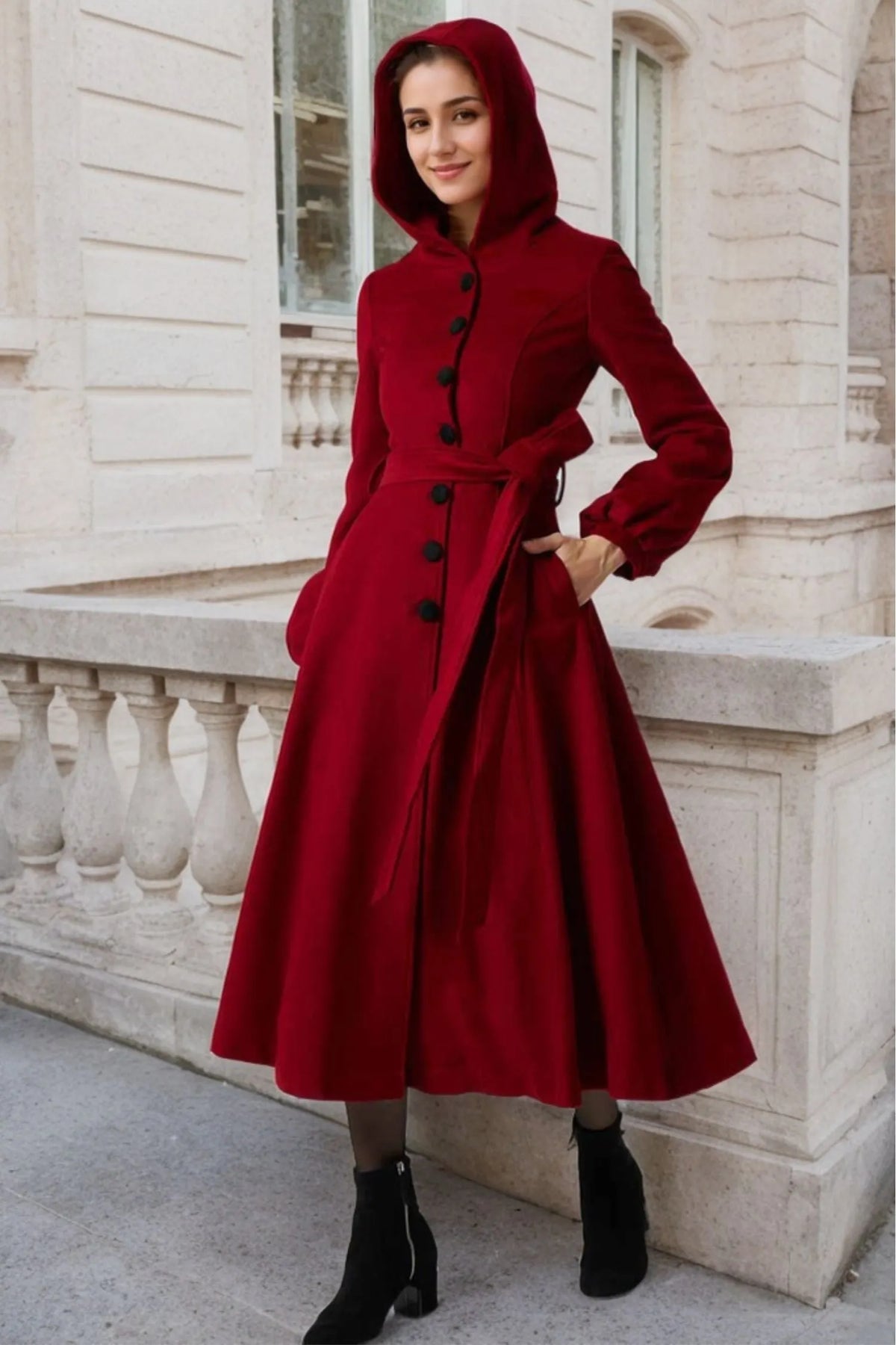 Burgundy Wool Coat Maxi Dress - Hooded, Lantern Sleeve, Tie Waist 1977