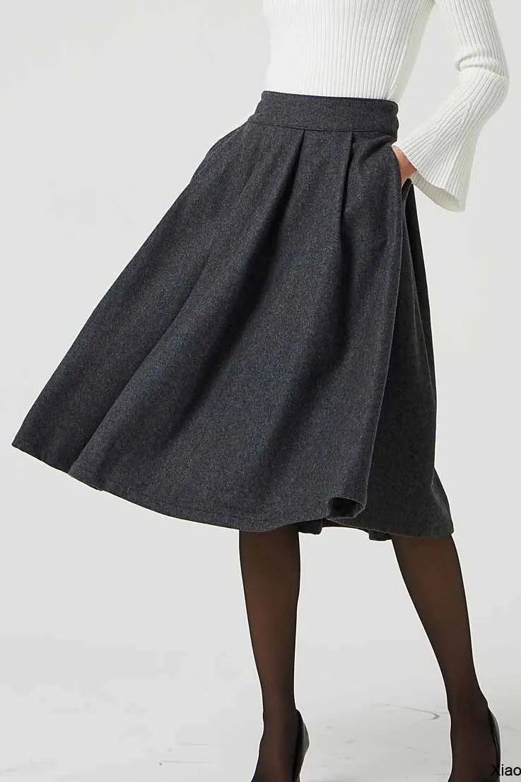 Handmade Wool Pleated Skirt – Dark Gray High Waist Knee Length 