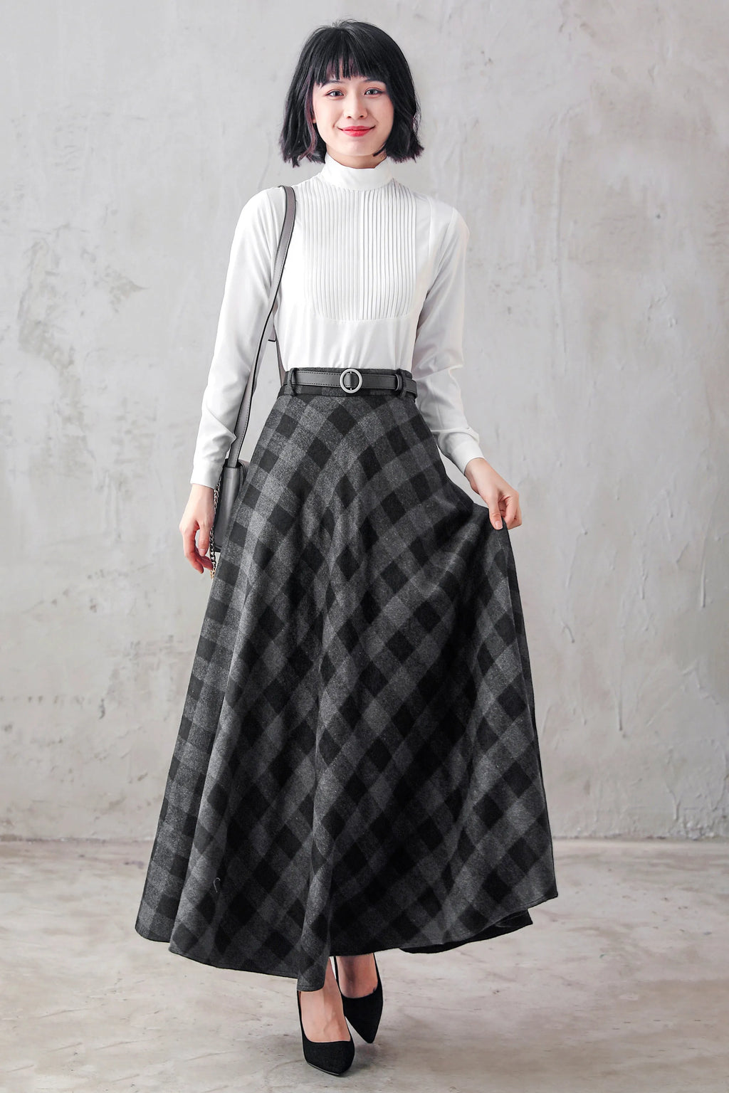 Plaid Wool Maxi Skirt - A-Line Flared Satin Lined 