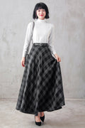 Plaid Wool Maxi Skirt - A-Line Flared Satin Lined 