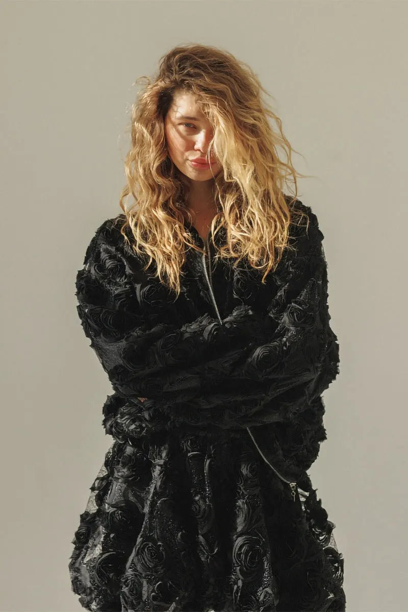 Floral Applique Zip Jacket Shorts Set