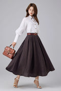 Brown Linen Cotton Skirt - Plaid High Waist 
