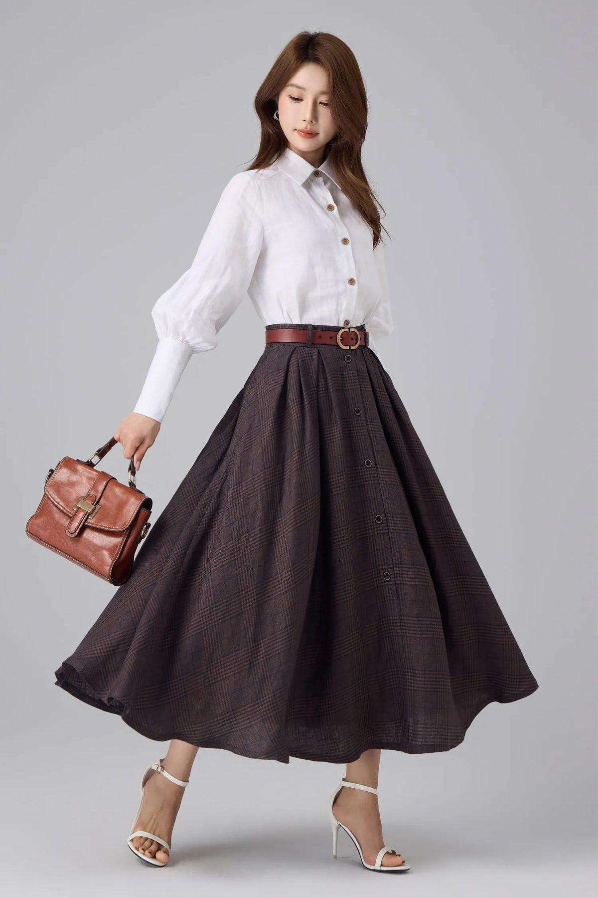 Brown Linen Cotton Skirt - Plaid High Waist 