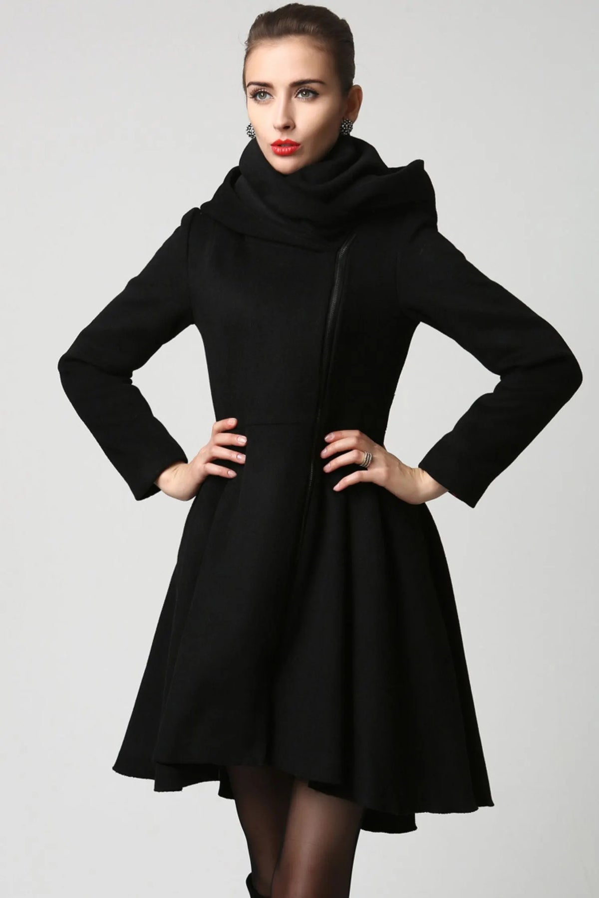 Vintage Black Wool Coat – Asymmetrical Hooded Overcoat for Autumn Winter 1121