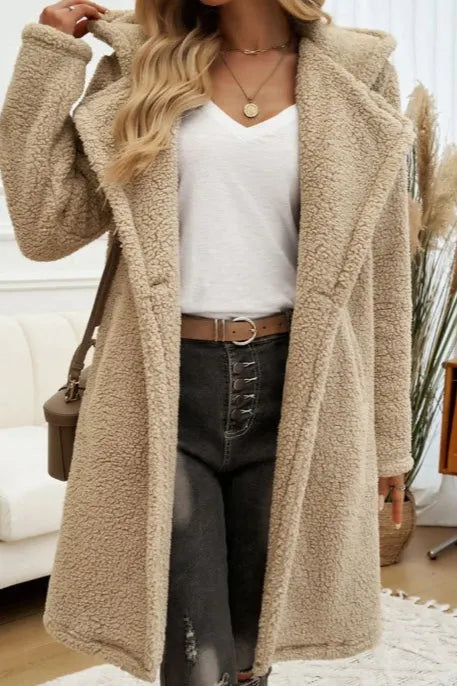 Mid-Length Fuzzy Lapel Coat