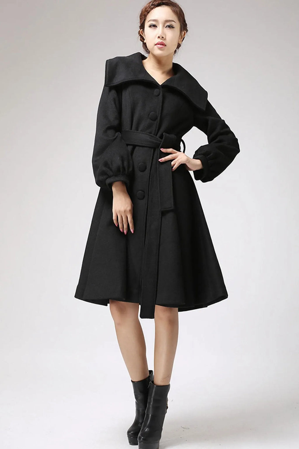 Army Green Wool Coat - Belted Swing Silhouette 3131