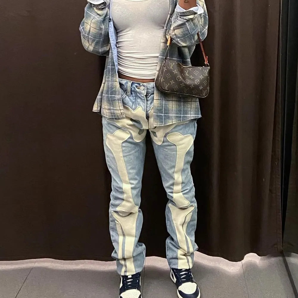 KittenAlarm - Women Skeleton Printed Jeans Trousers Casual Halloween Pattern Mid-waist Button Pencil Pants Autumn Y2K Go