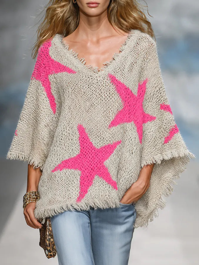 Retro-Elegant Western-Style Color-Block Knit Cape Top