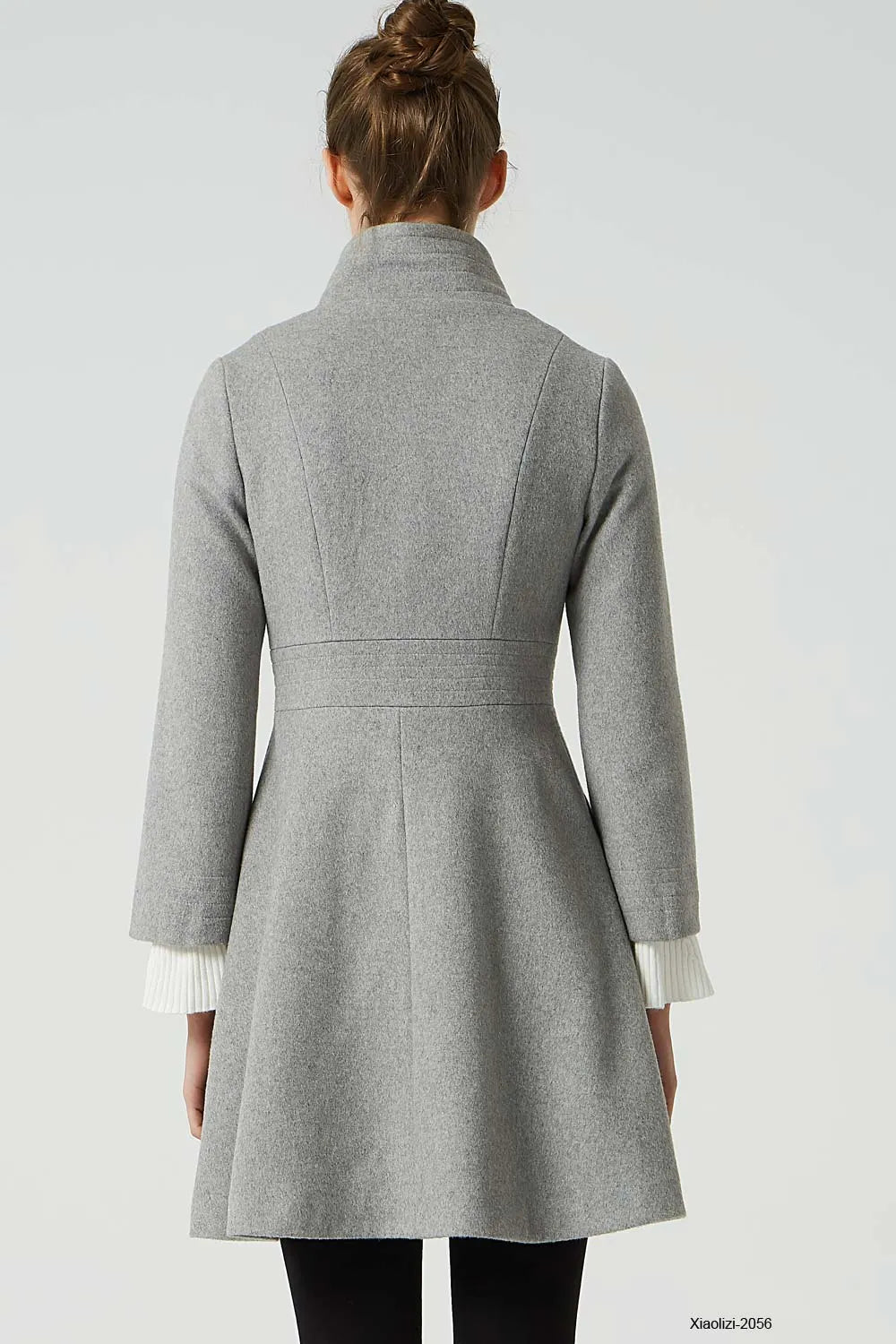 Light Grey Wool Coat - Fitted Waist with Stand-Up Collar 2056