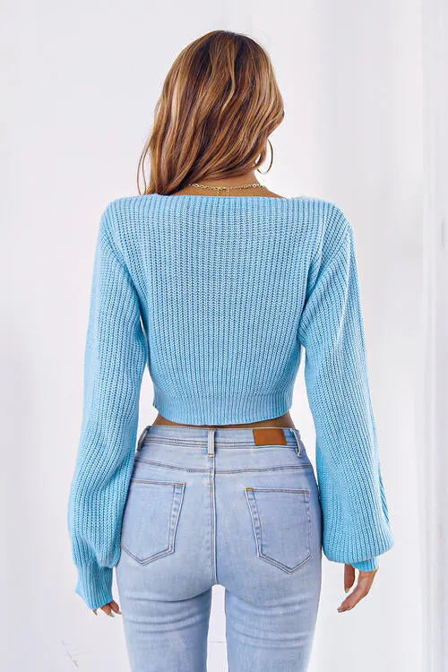 Long Cropped V-Neck Arm Sweater