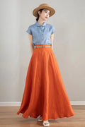 Orange Linen Skirt - High Waisted A-Line Midi Skirt 4215
