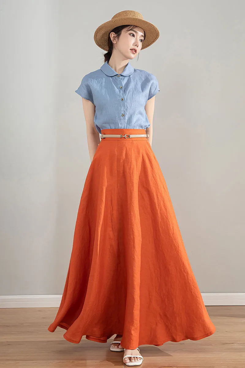 Orange Linen Skirt - High Waisted A-Line Midi Skirt 4215
