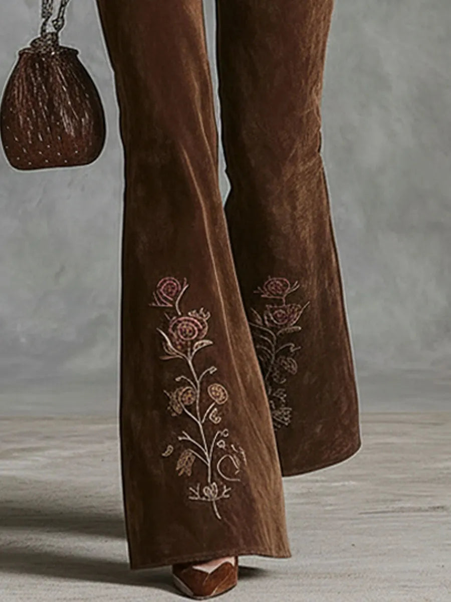 Western-style Floral Embroidered Pocket Flared Pants